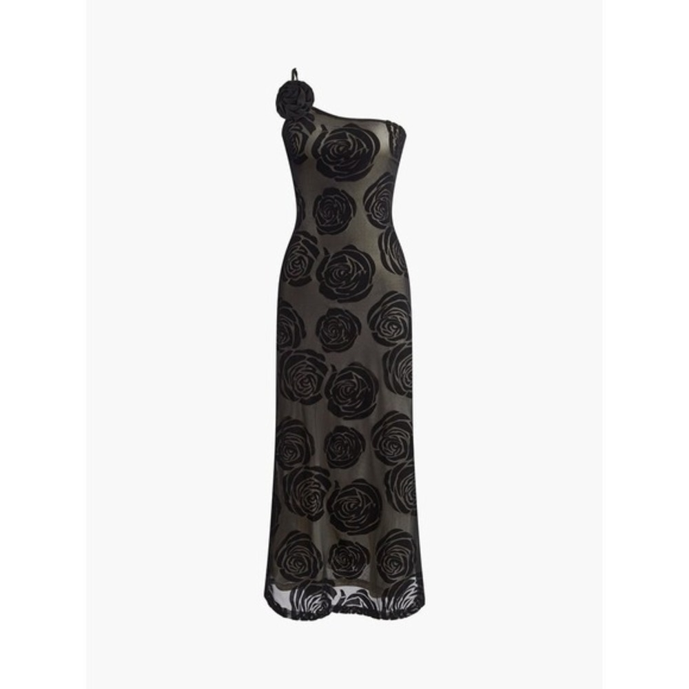 COMMENSE Jacquard Floral Asymmetrical Black Maxi Dress 3D Rose Evening Gown M - Picture 12 of 15